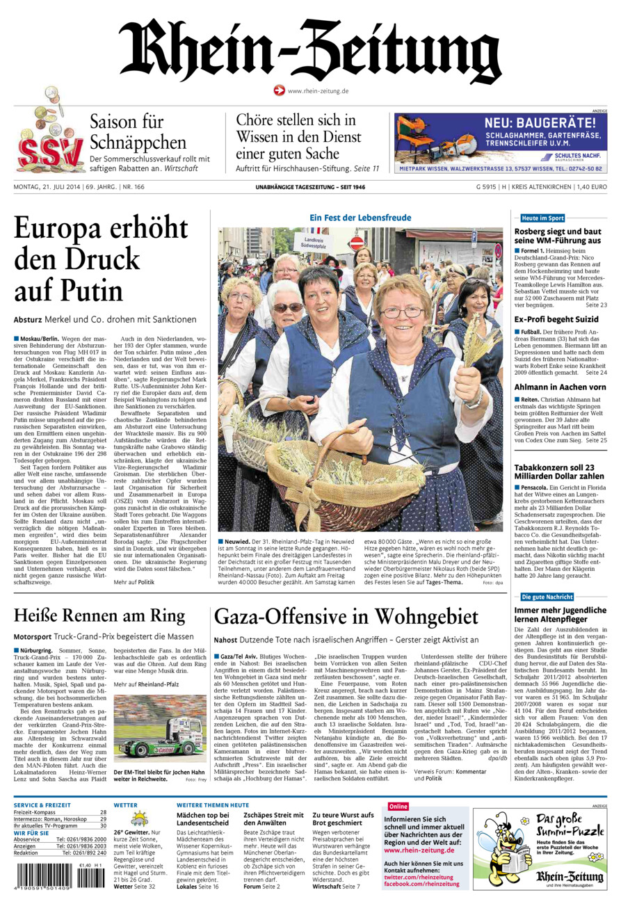 Rhein-Zeitung Kreis Altenkirchen vom Montag, 21.07.2014