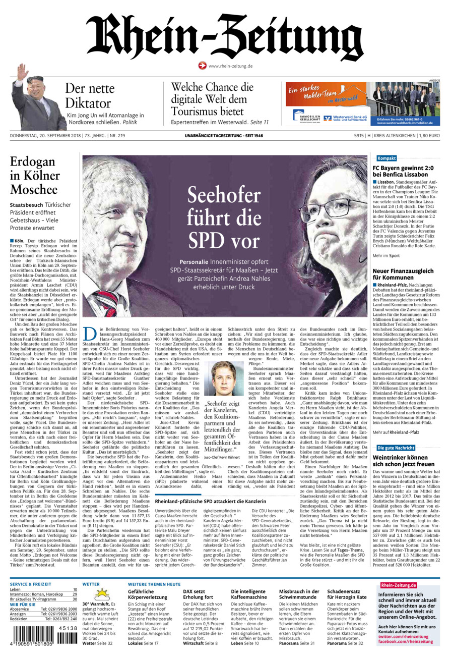 Rhein-Zeitung Kreis Altenkirchen vom Donnerstag, 20.09.2018