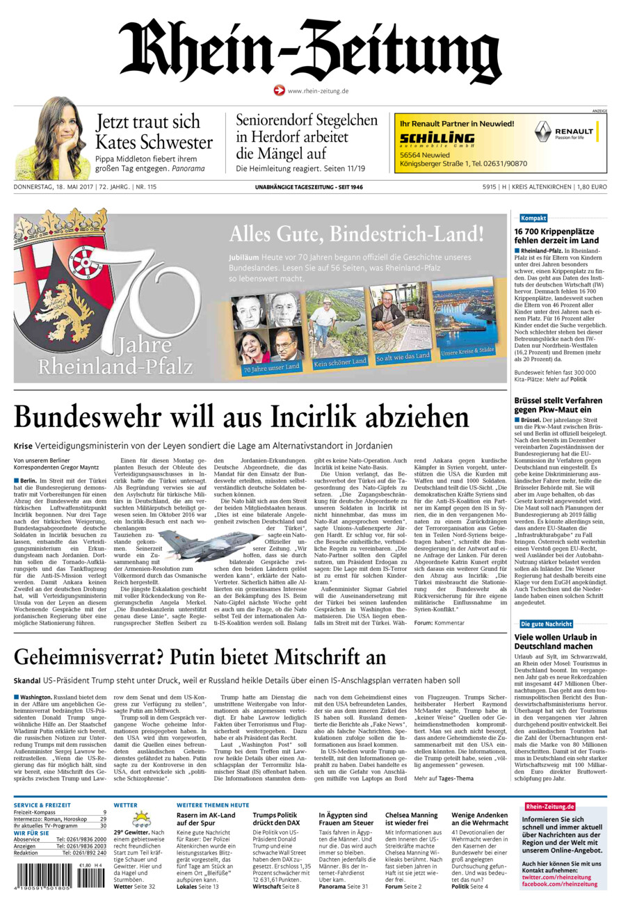 Rhein-Zeitung Kreis Altenkirchen vom Donnerstag, 18.05.2017