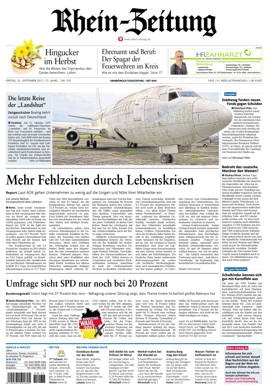 Rhein-Zeitung Kreis Altenkirchen vom Freitag, 15.09.2017