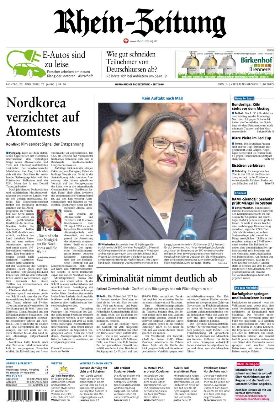 Rhein-Zeitung Kreis Altenkirchen vom Montag, 23.04.2018