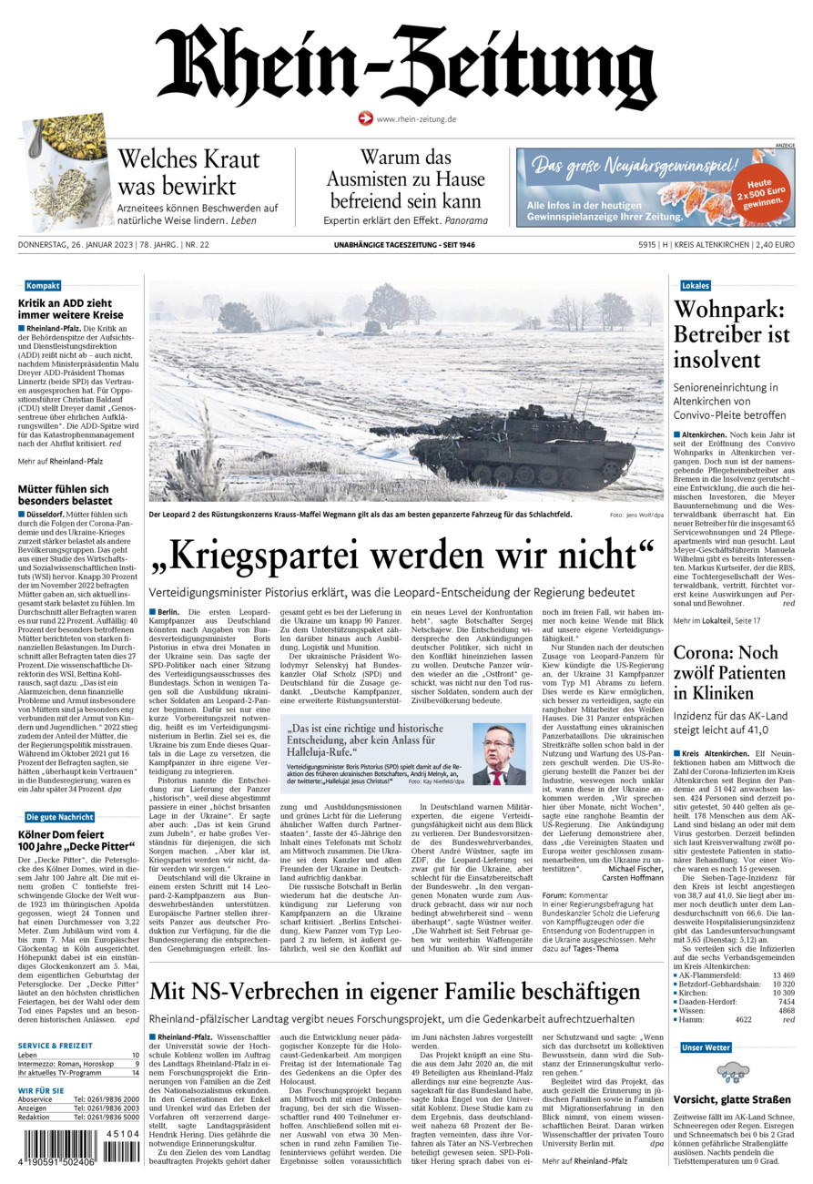 Rhein-Zeitung Kreis Altenkirchen vom Donnerstag, 26.01.2023