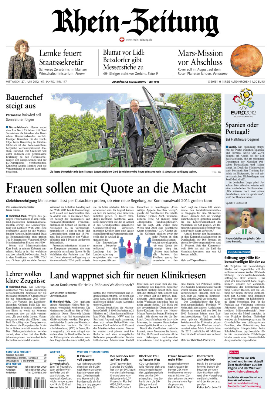 Rhein-Zeitung Kreis Altenkirchen vom Mittwoch, 27.06.2012