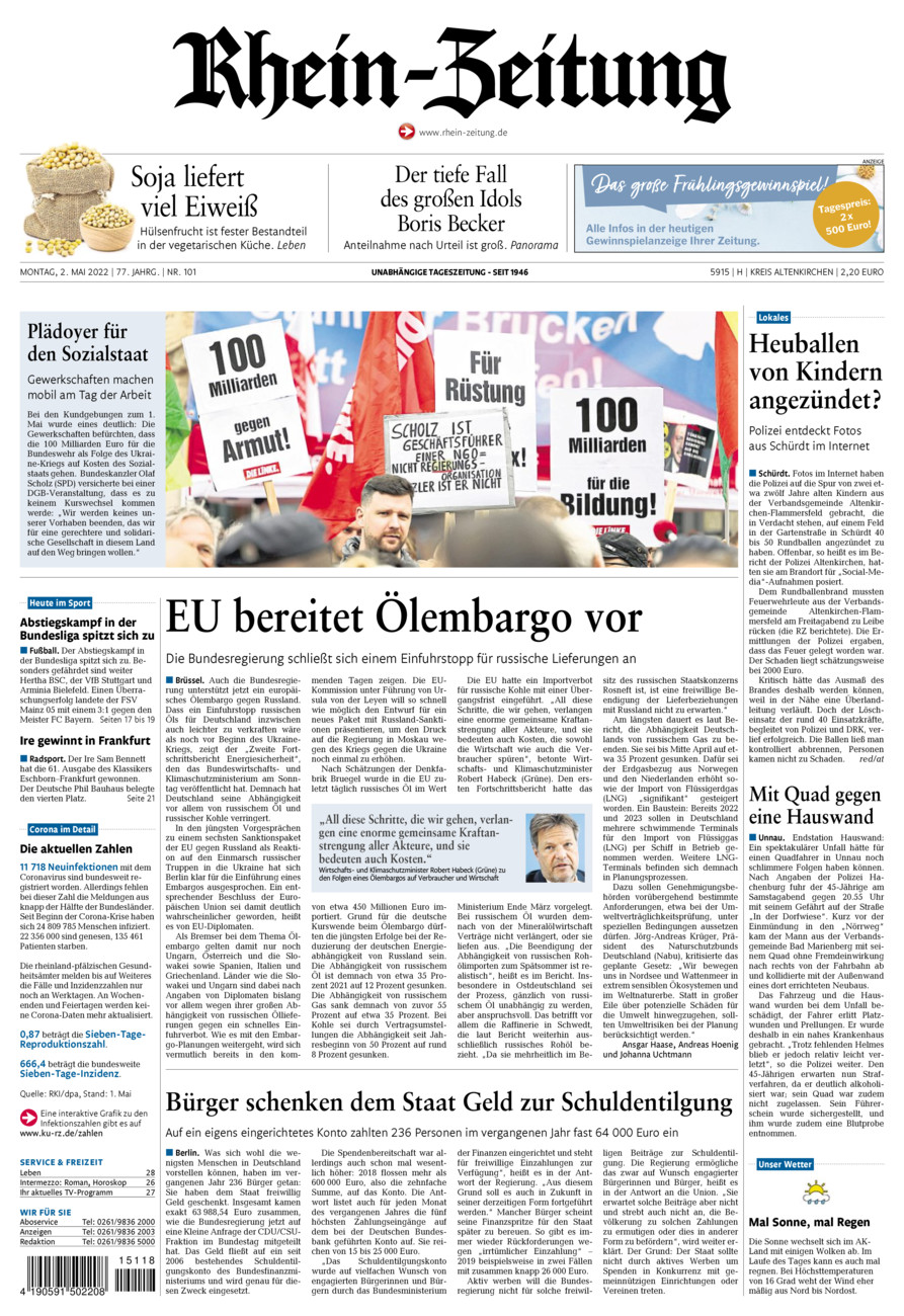 Rhein-Zeitung Kreis Altenkirchen vom Montag, 02.05.2022