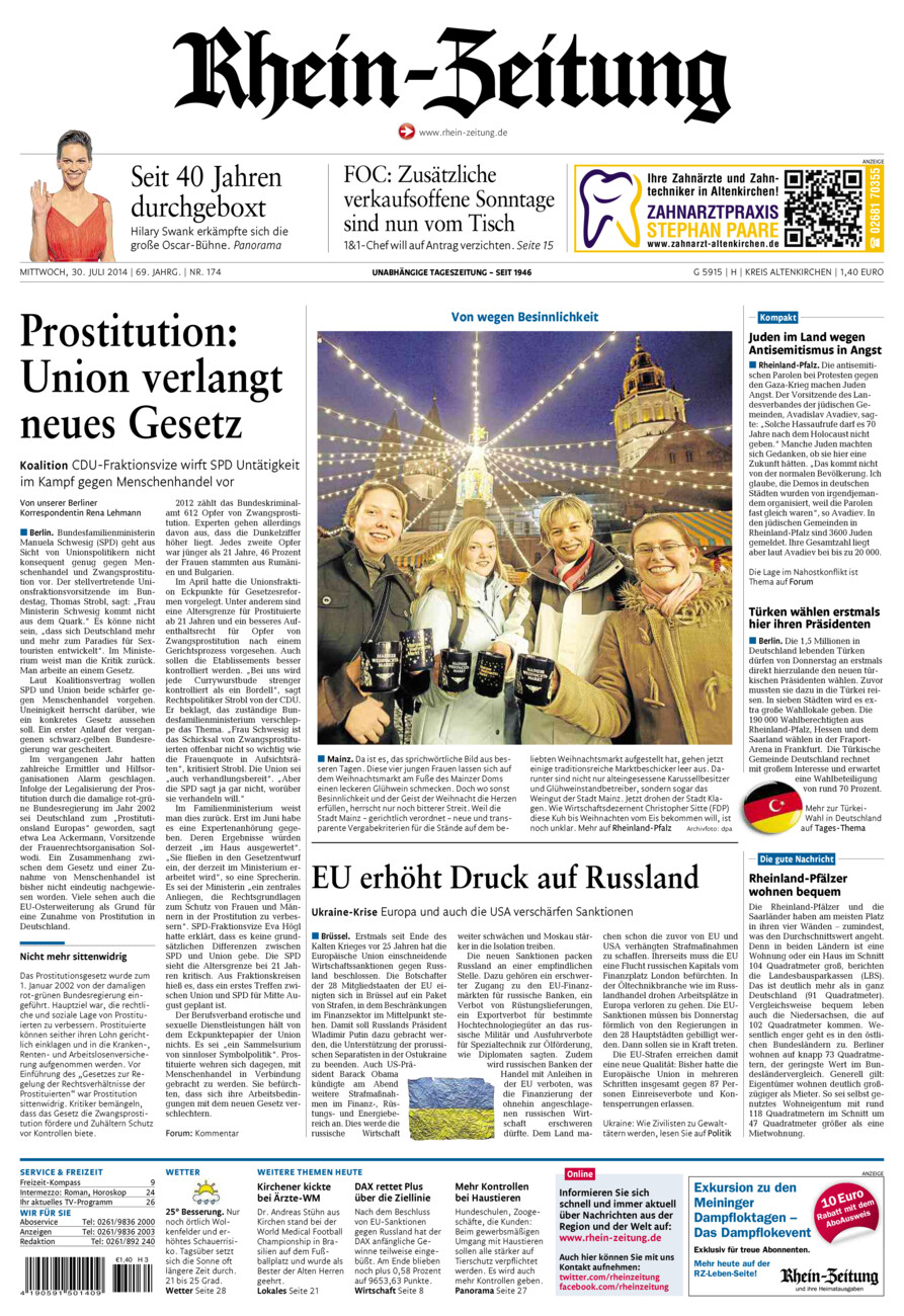Rhein-Zeitung Kreis Altenkirchen vom Mittwoch, 30.07.2014