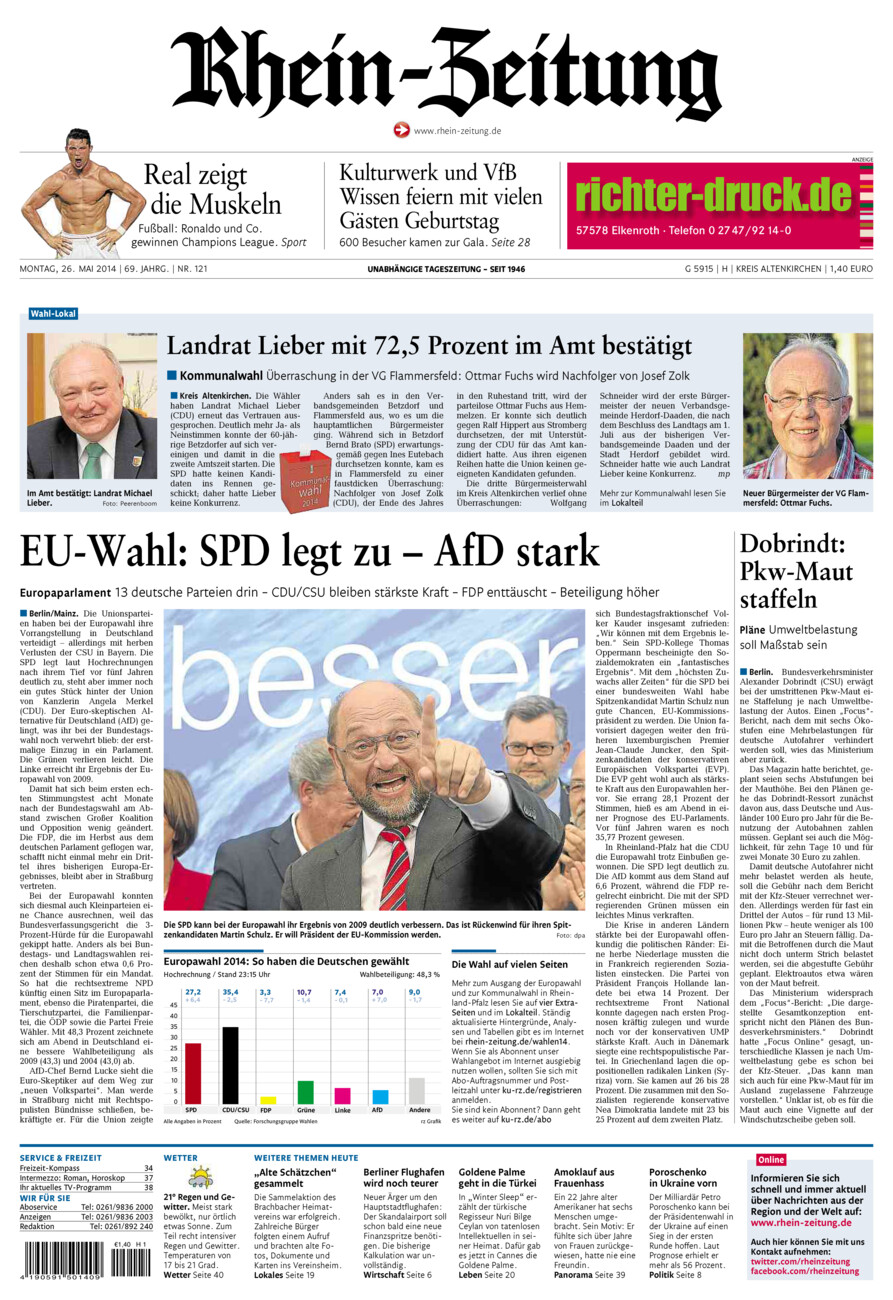 Rhein-Zeitung Kreis Altenkirchen vom Montag, 26.05.2014