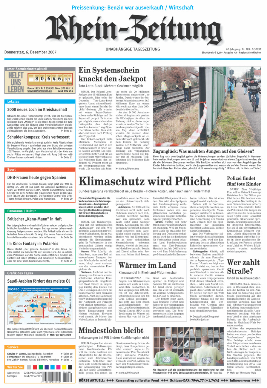 Rhein-Zeitung Kreis Altenkirchen vom Donnerstag, 06.12.2007