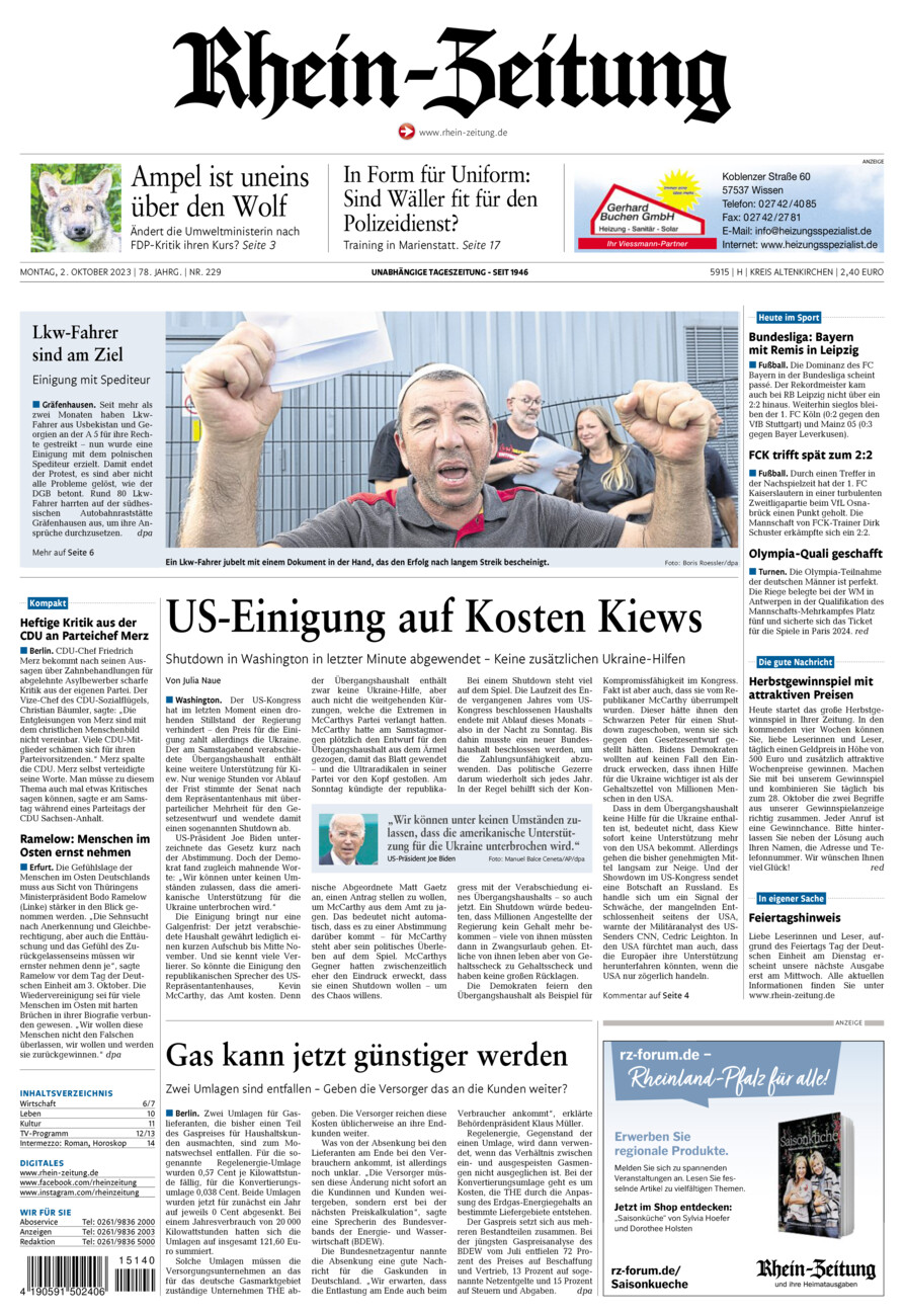 Rhein-Zeitung Kreis Altenkirchen vom Montag, 02.10.2023