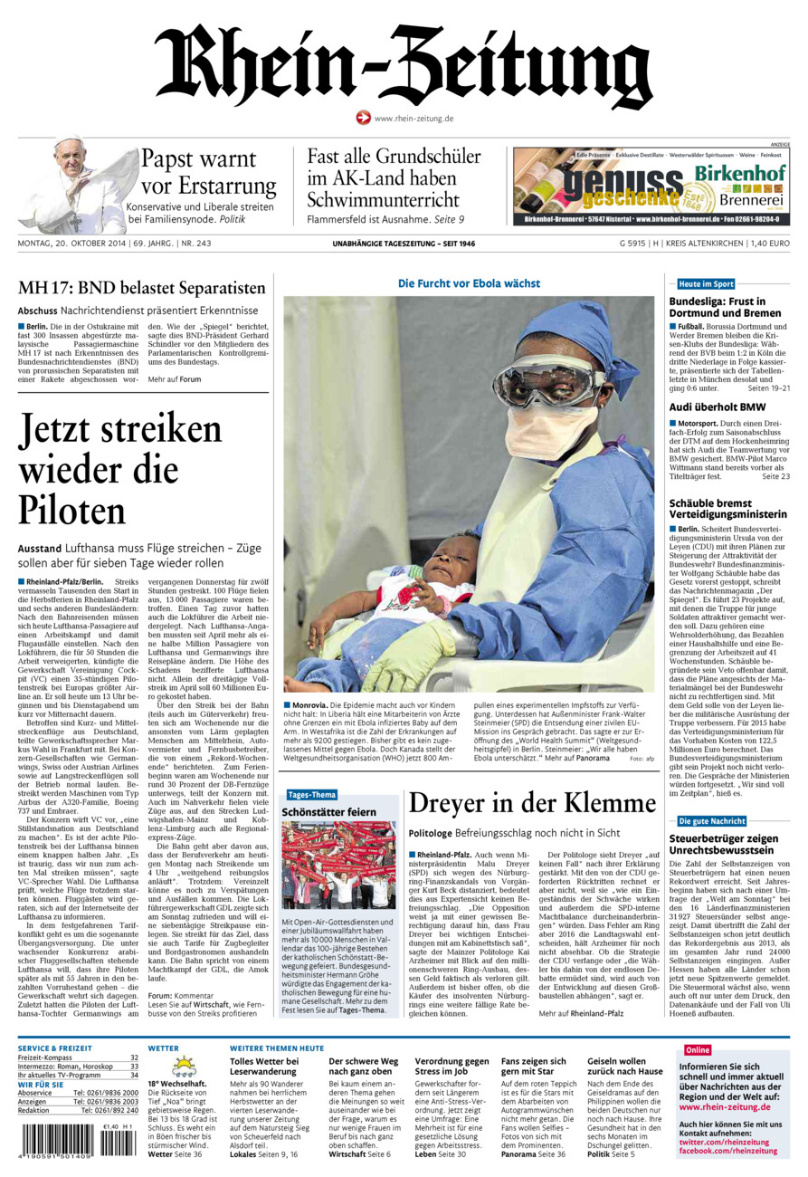 Rhein-Zeitung Kreis Altenkirchen vom Montag, 20.10.2014