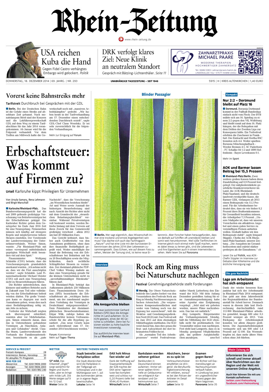 Rhein-Zeitung Kreis Altenkirchen vom Donnerstag, 18.12.2014