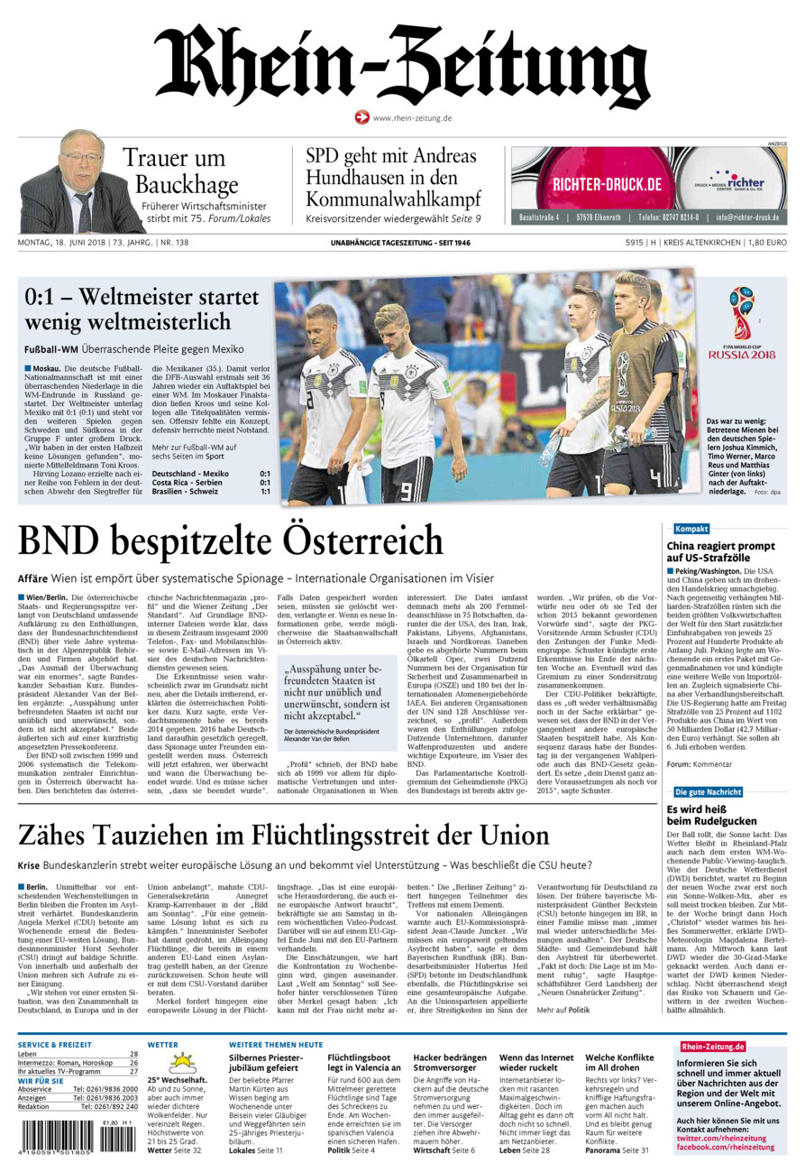 Rhein-Zeitung Kreis Altenkirchen vom Montag, 18.06.2018