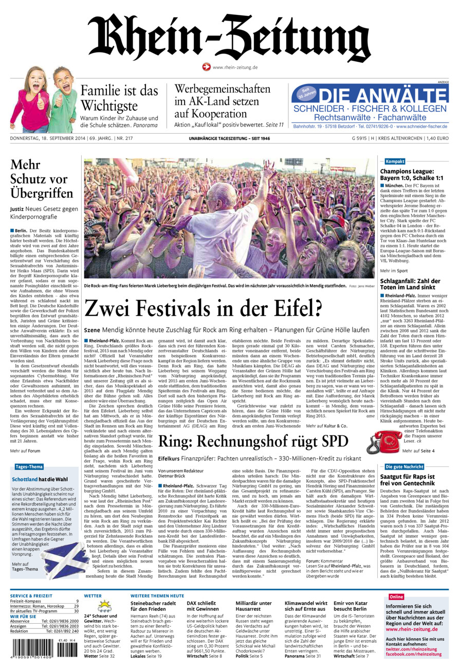 Rhein-Zeitung Kreis Altenkirchen vom Donnerstag, 18.09.2014