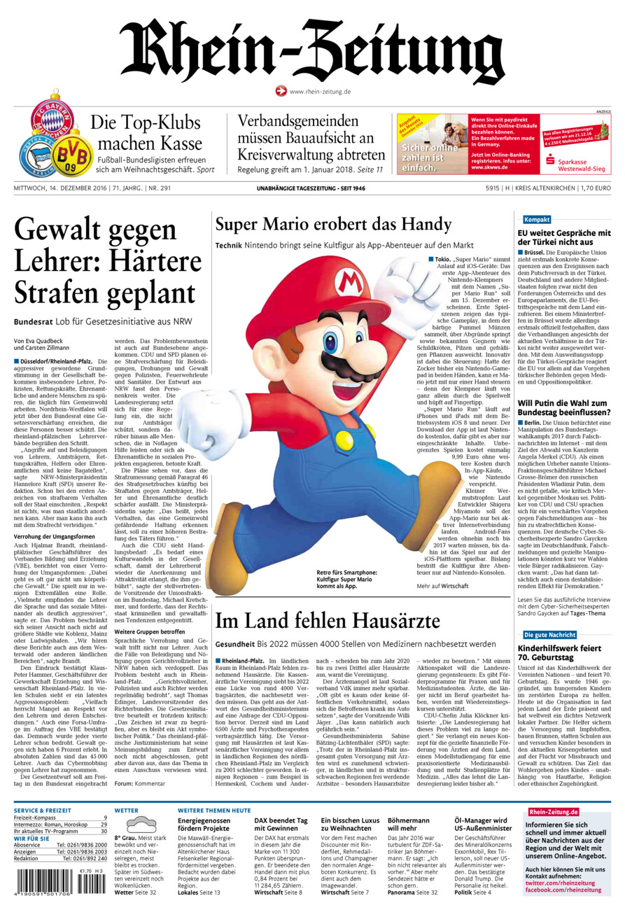Rhein-Zeitung Kreis Altenkirchen vom Mittwoch, 14.12.2016