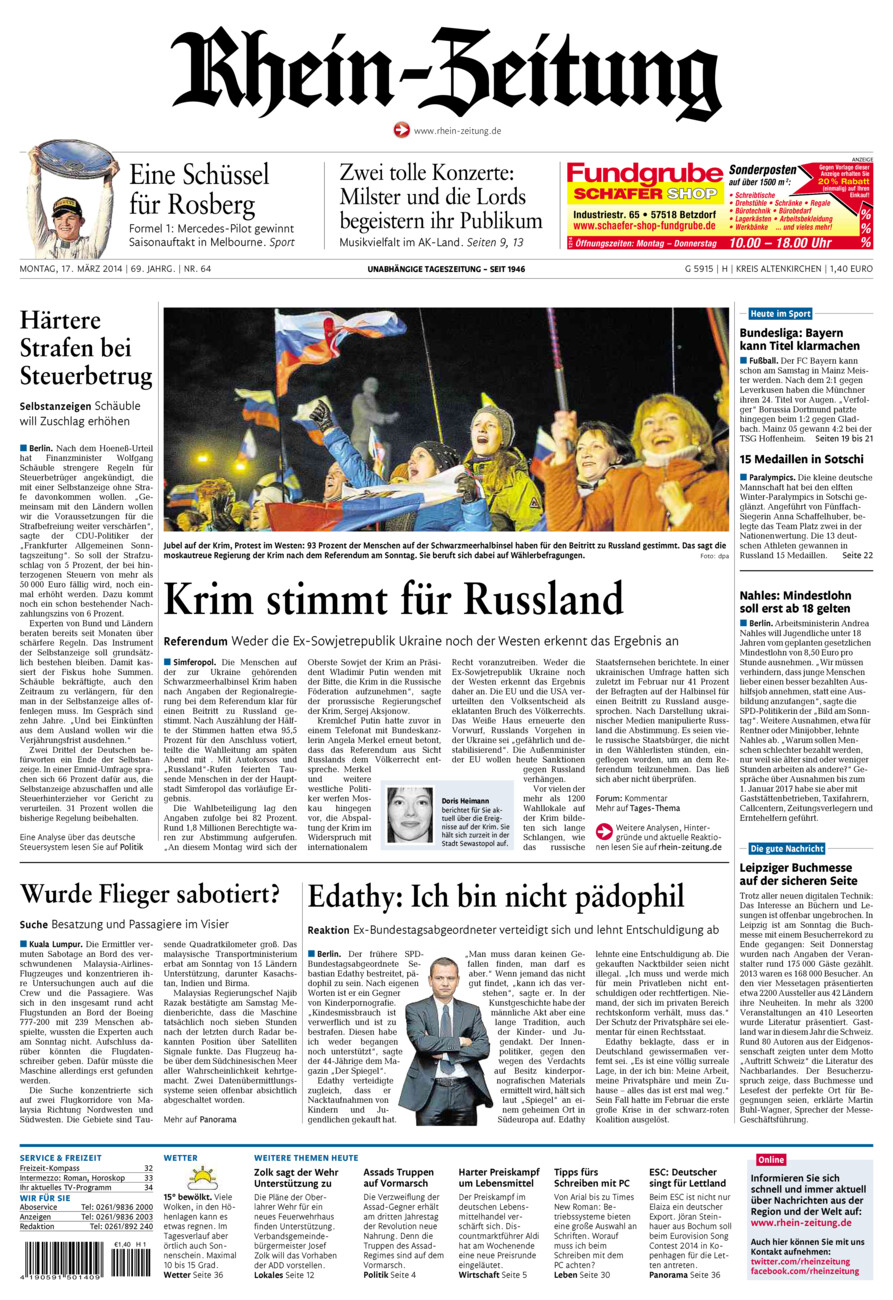 Rhein-Zeitung Kreis Altenkirchen vom Montag, 17.03.2014