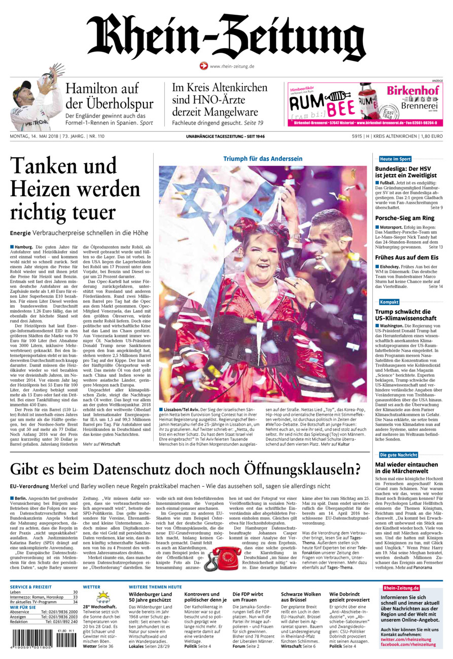 Rhein-Zeitung Kreis Altenkirchen vom Montag, 14.05.2018