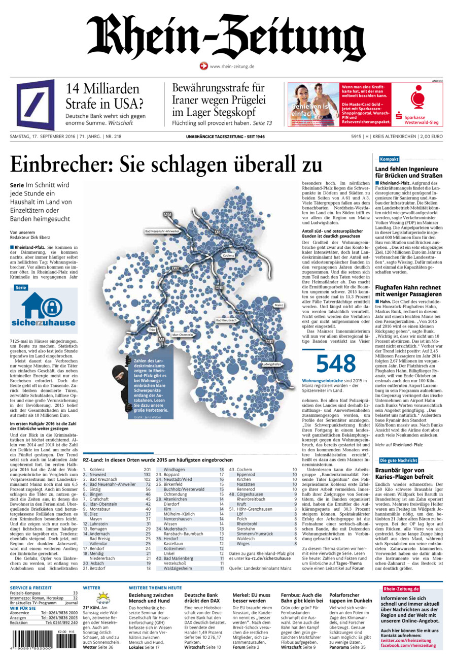 Rhein-Zeitung Kreis Altenkirchen vom Samstag, 17.09.2016