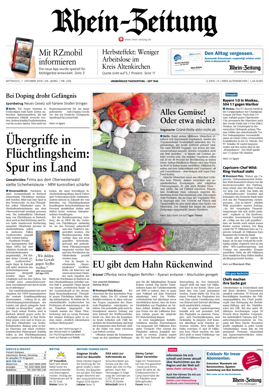Rhein-Zeitung Kreis Altenkirchen vom Mittwoch, 01.10.2014