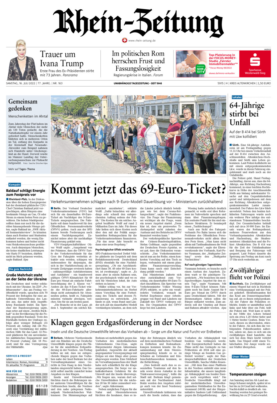 Rhein-Zeitung Kreis Altenkirchen vom Samstag, 16.07.2022