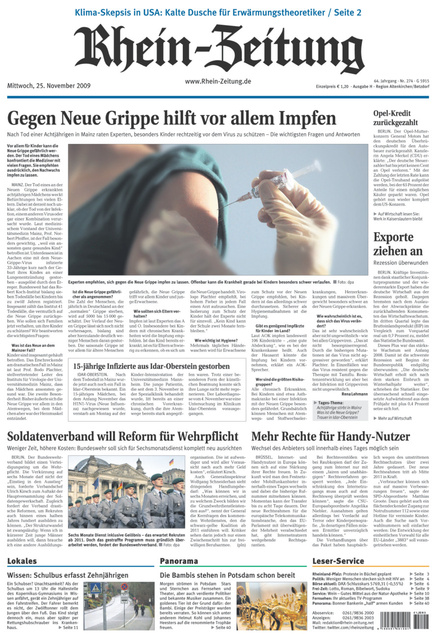 Rhein-Zeitung Kreis Altenkirchen vom Mittwoch, 25.11.2009