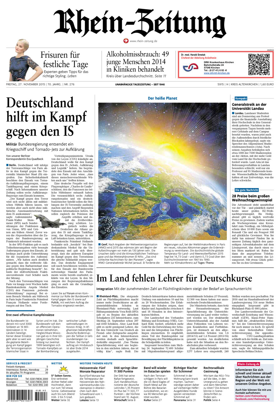 Rhein-Zeitung Kreis Altenkirchen vom Freitag, 27.11.2015
