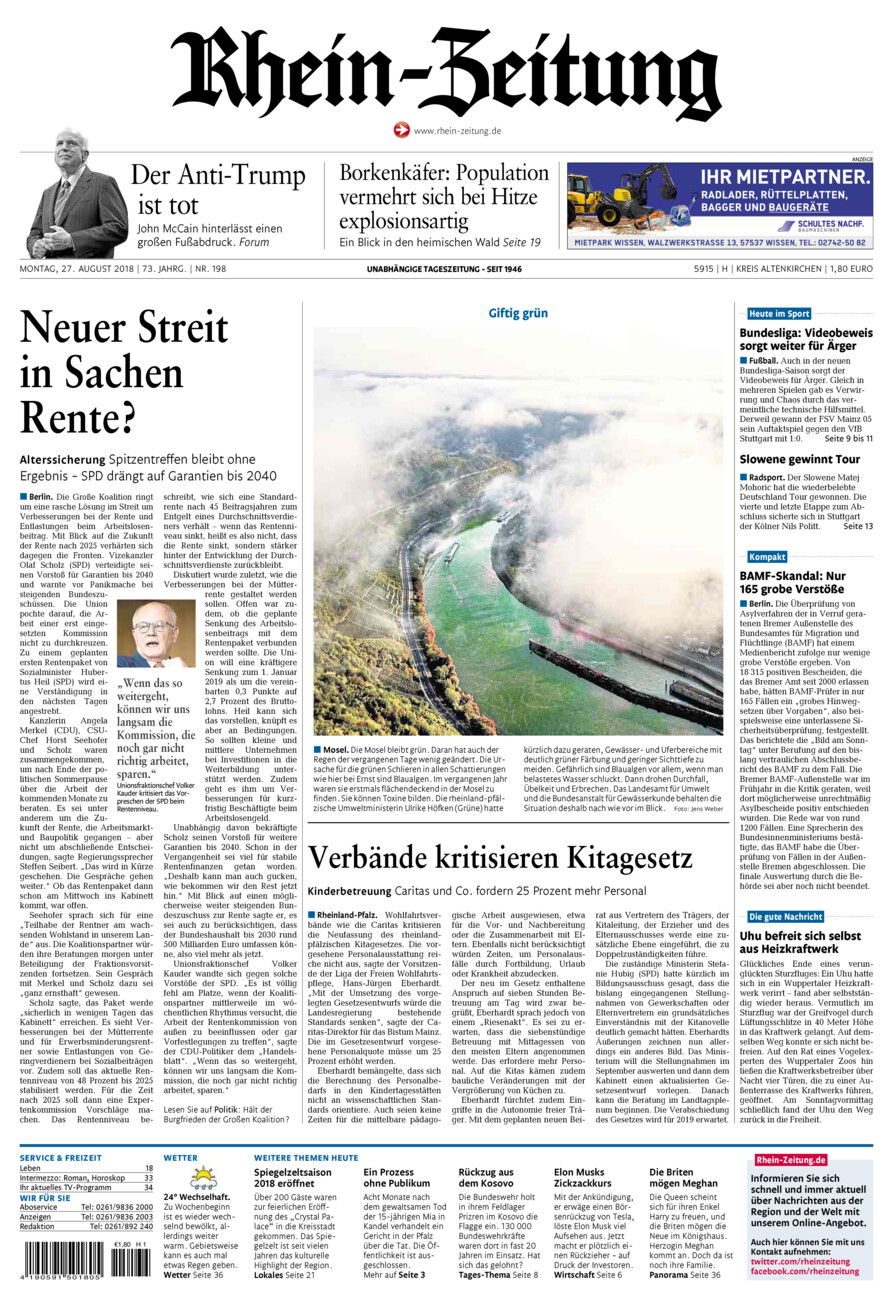 Rhein-Zeitung Kreis Altenkirchen vom Montag, 27.08.2018