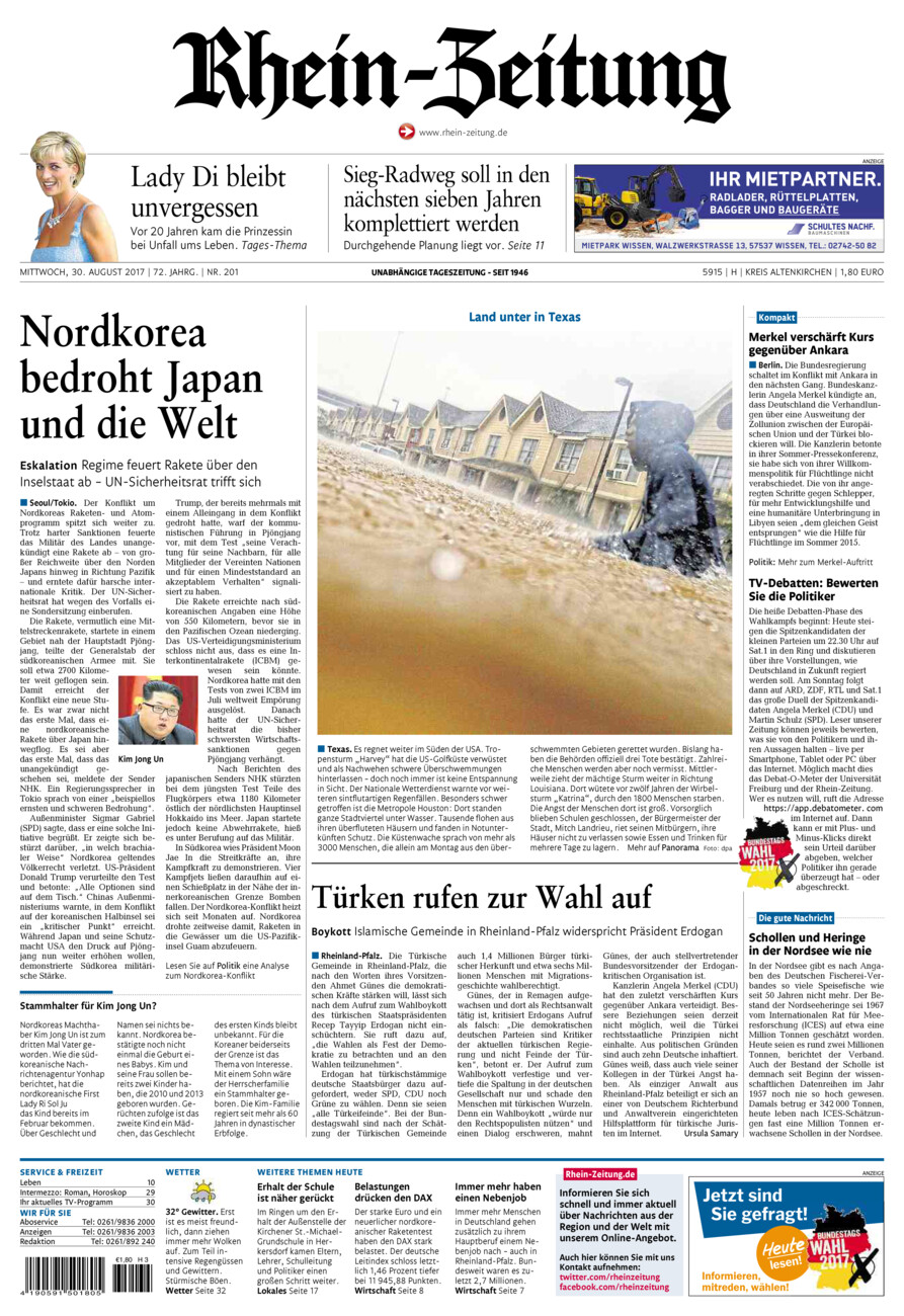 Rhein-Zeitung Kreis Altenkirchen vom Mittwoch, 30.08.2017