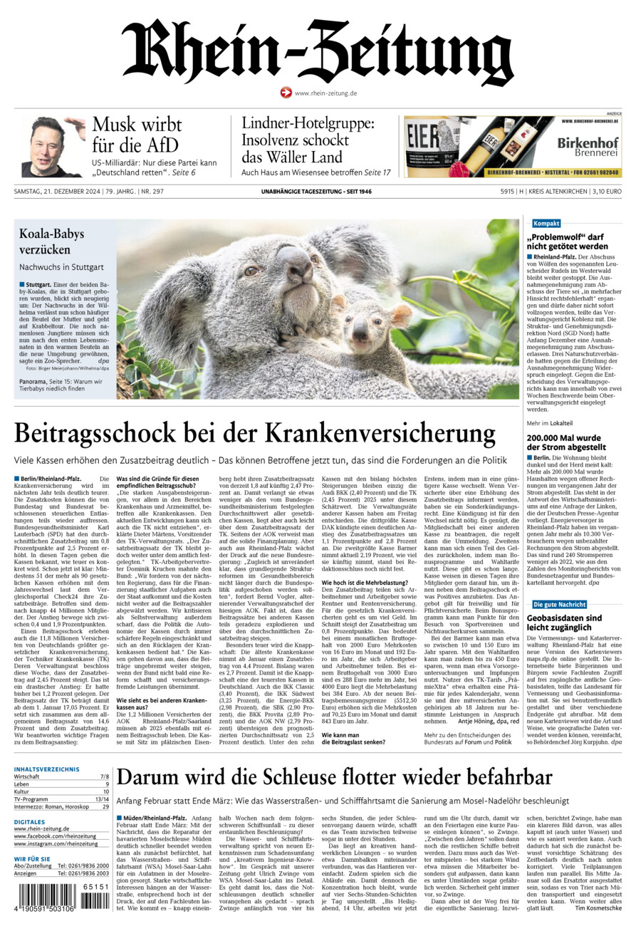 Rhein-Zeitung Kreis Altenkirchen vom Samstag, 21.12.2024