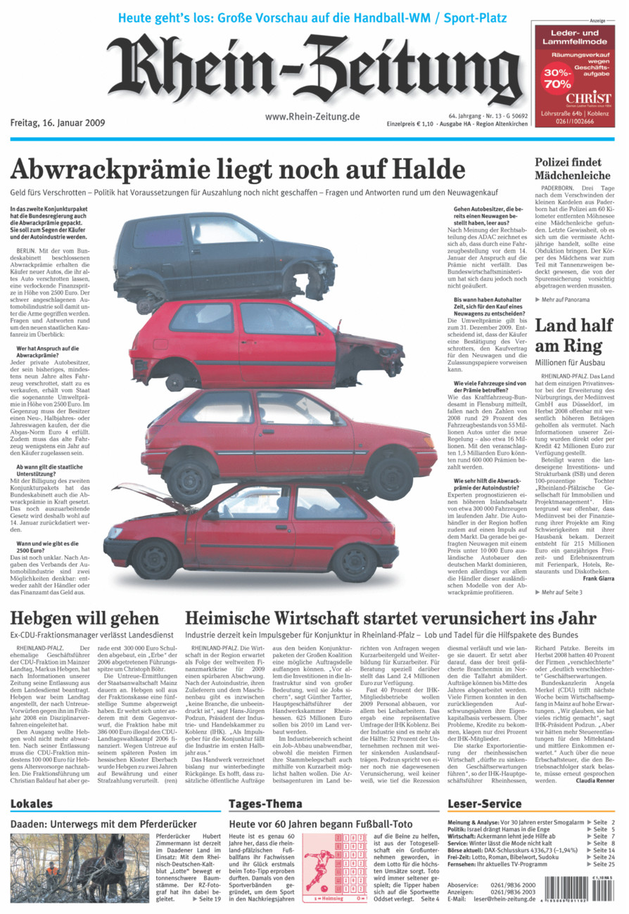 Rhein-Zeitung Kreis Altenkirchen vom Freitag, 16.01.2009