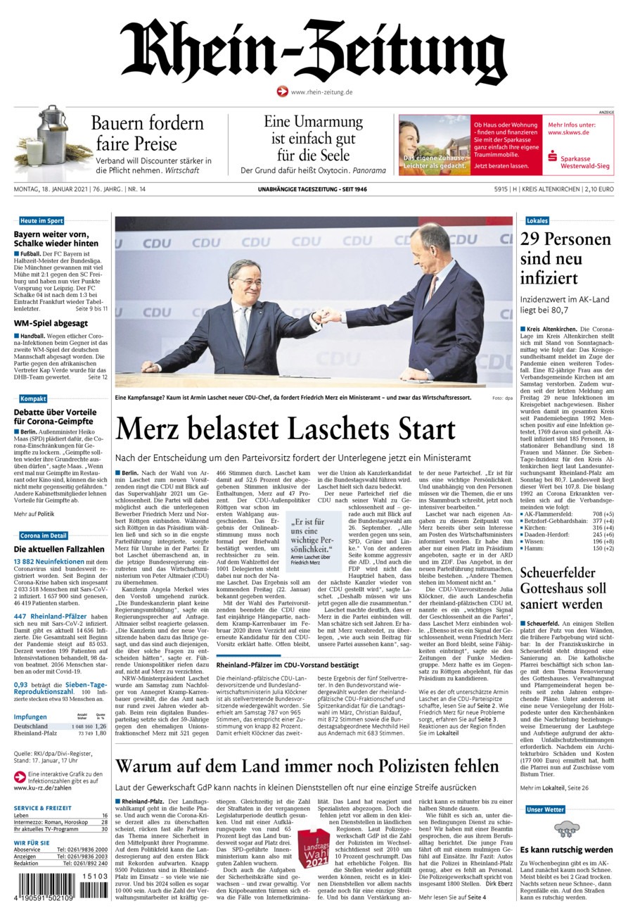 Rhein-Zeitung Kreis Altenkirchen vom Montag, 18.01.2021