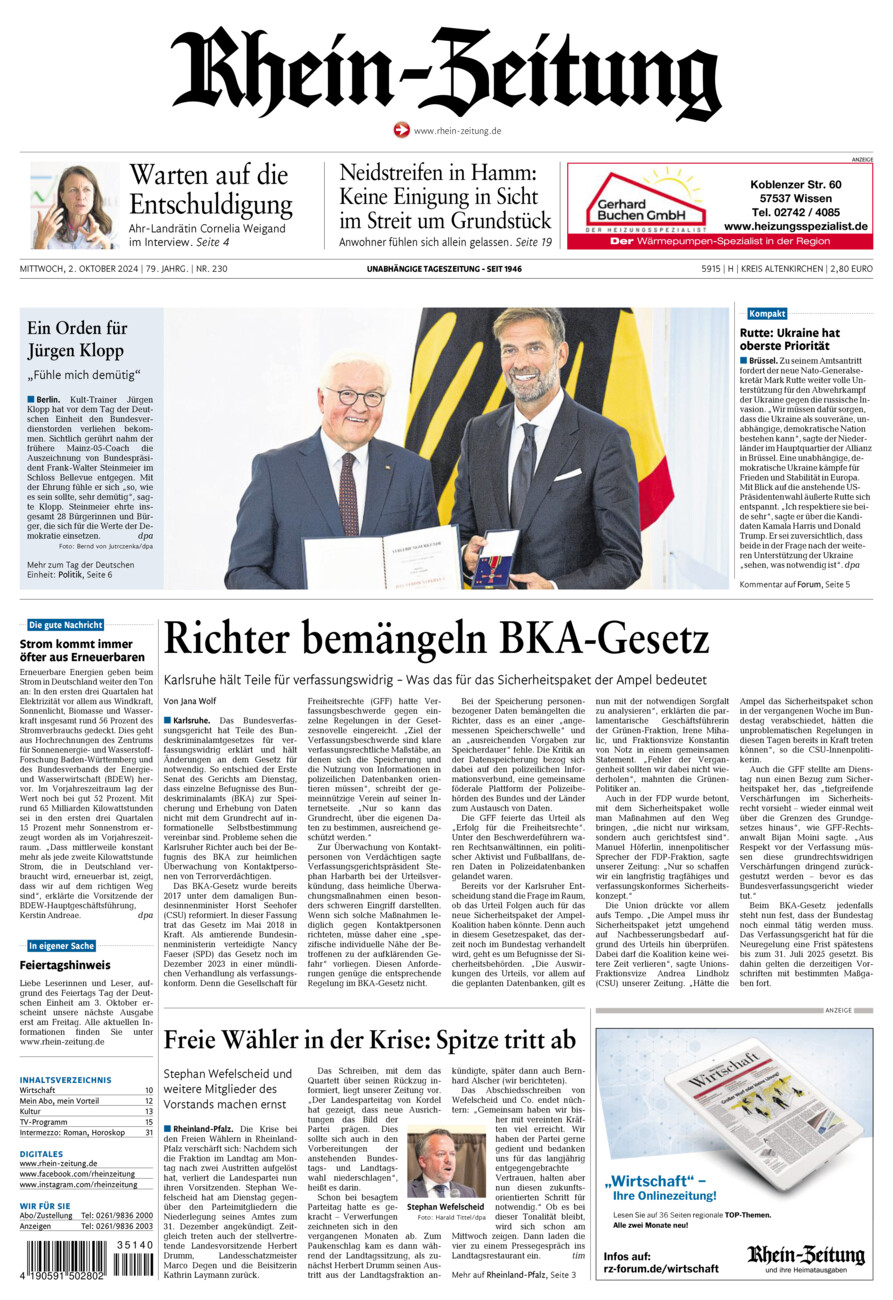 Rhein-Zeitung Kreis Altenkirchen vom Mittwoch, 02.10.2024