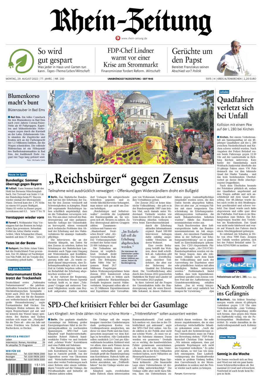 Rhein-Zeitung Kreis Altenkirchen vom Montag, 29.08.2022