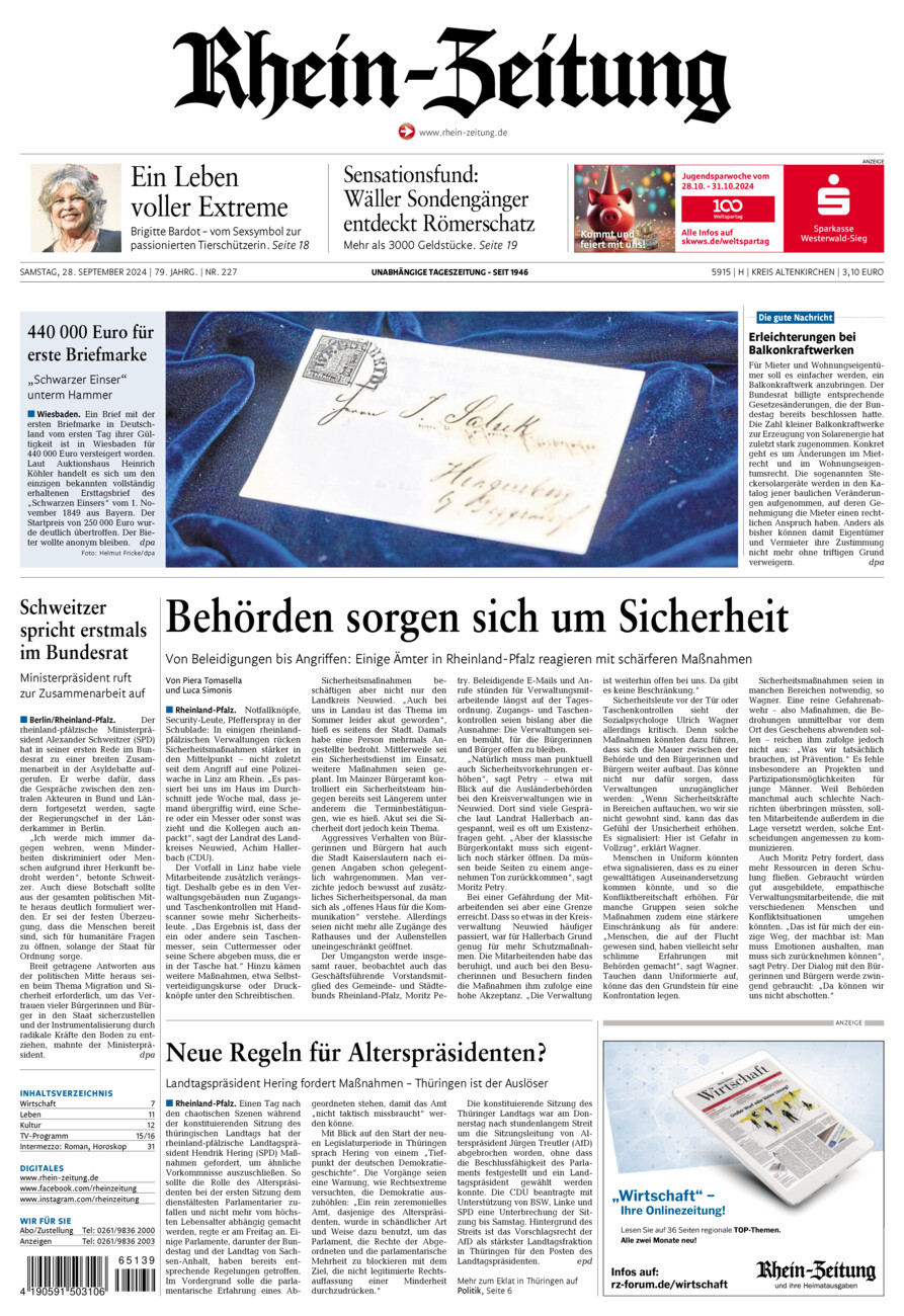 Rhein-Zeitung Kreis Altenkirchen vom Samstag, 28.09.2024