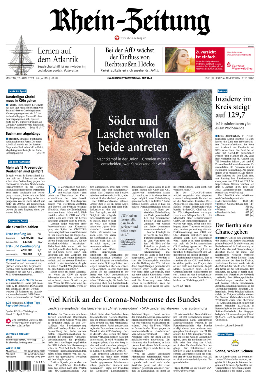 Rhein-Zeitung Kreis Altenkirchen vom Montag, 12.04.2021