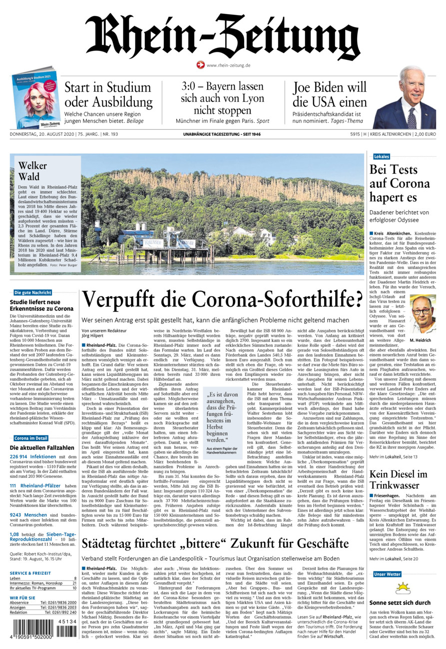 Rhein-Zeitung Kreis Altenkirchen vom Donnerstag, 20.08.2020