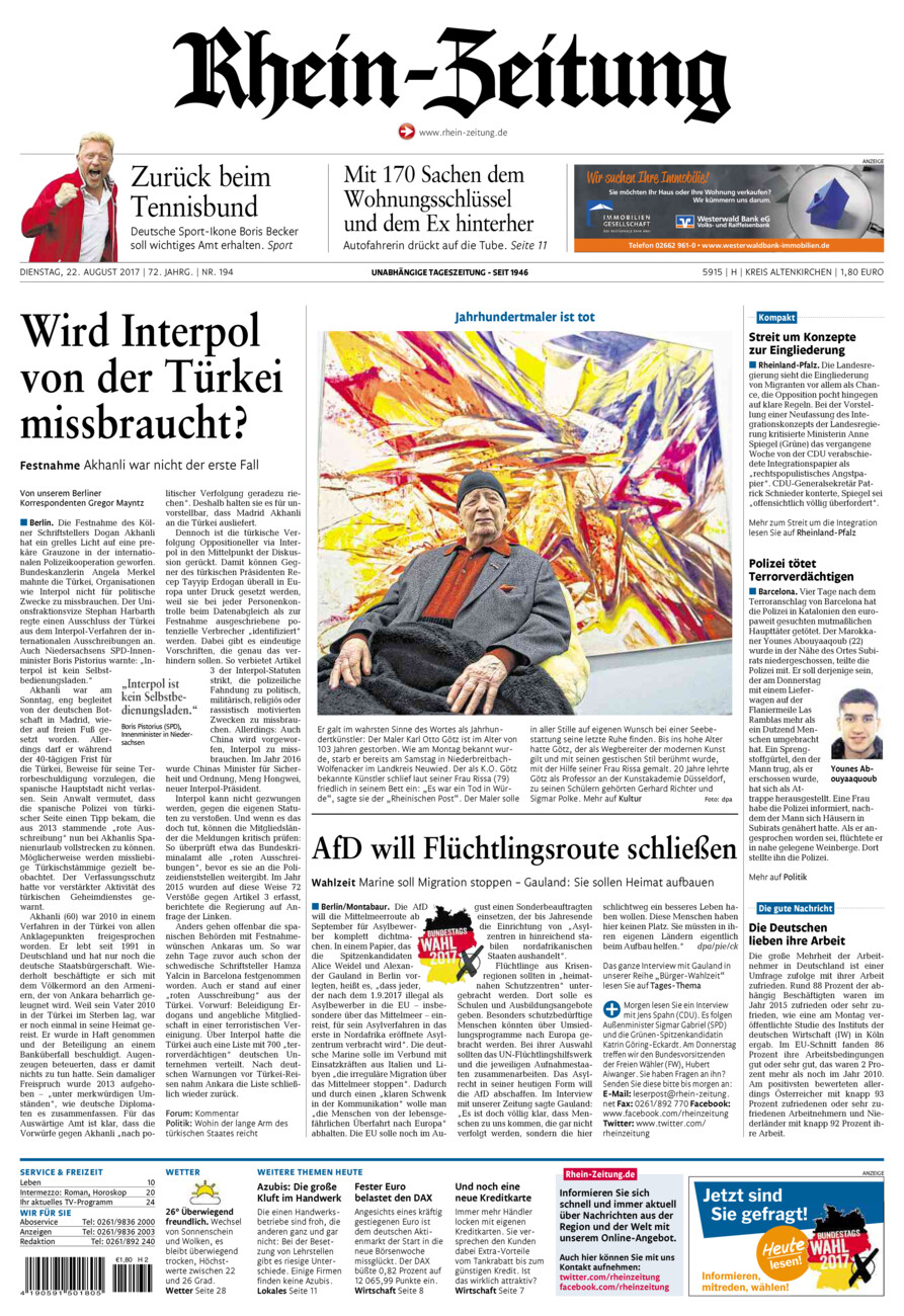 Rhein-Zeitung Kreis Altenkirchen vom Dienstag, 22.08.2017