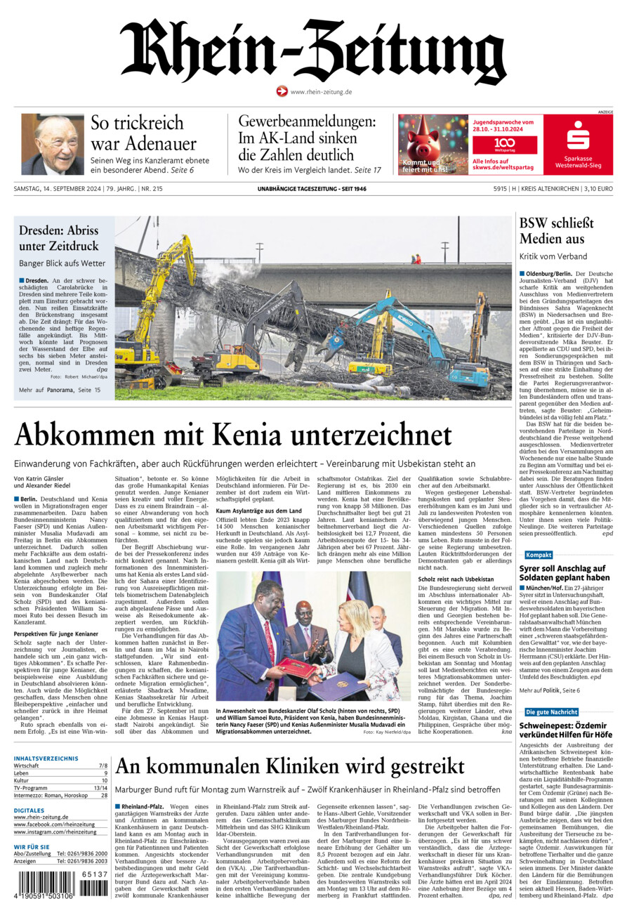 Rhein-Zeitung Kreis Altenkirchen vom Samstag, 14.09.2024