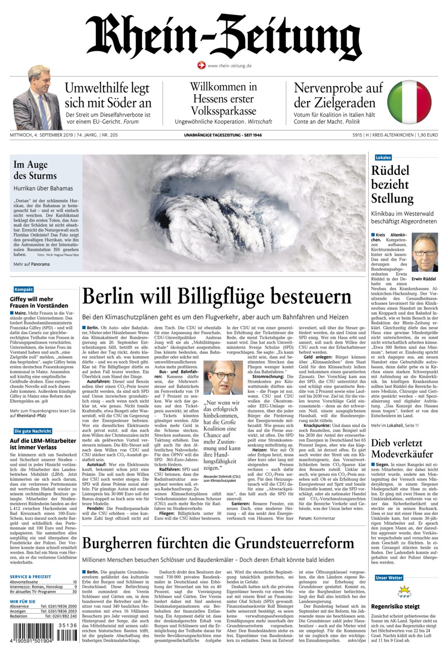 Rhein-Zeitung Kreis Altenkirchen vom Mittwoch, 04.09.2019