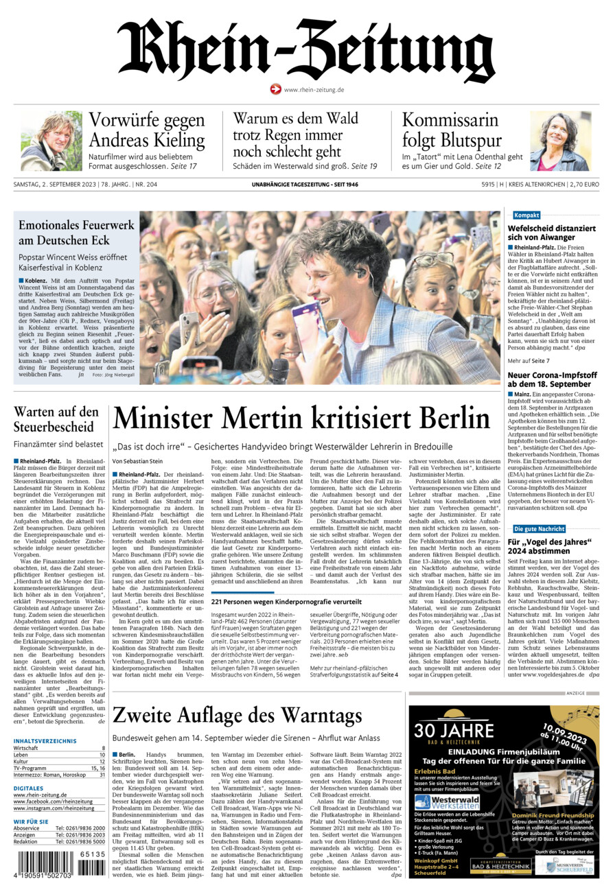Rhein-Zeitung Kreis Altenkirchen vom Samstag, 02.09.2023