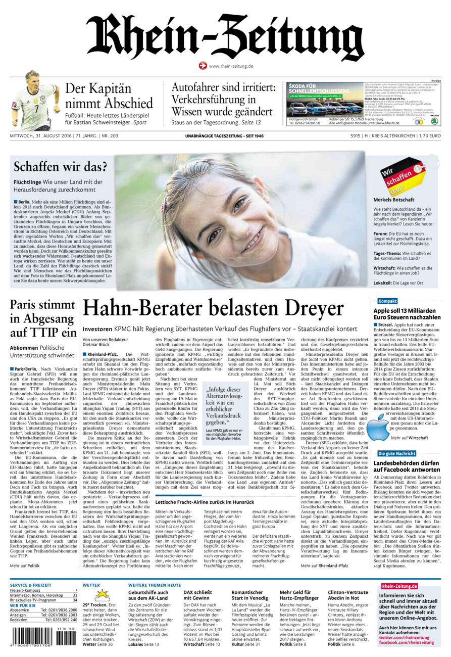 Rhein-Zeitung Kreis Altenkirchen vom Mittwoch, 31.08.2016
