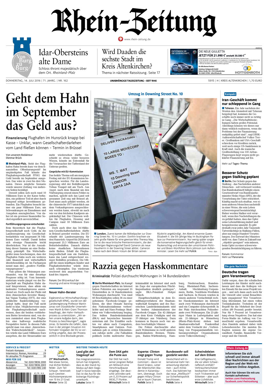 Rhein-Zeitung Kreis Altenkirchen vom Donnerstag, 14.07.2016