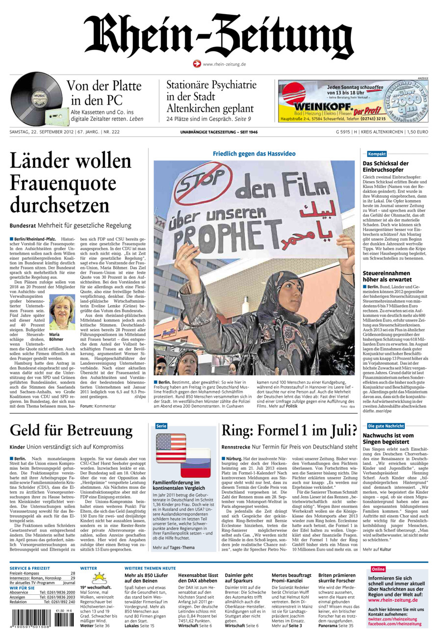 Rhein-Zeitung Kreis Altenkirchen vom Samstag, 22.09.2012