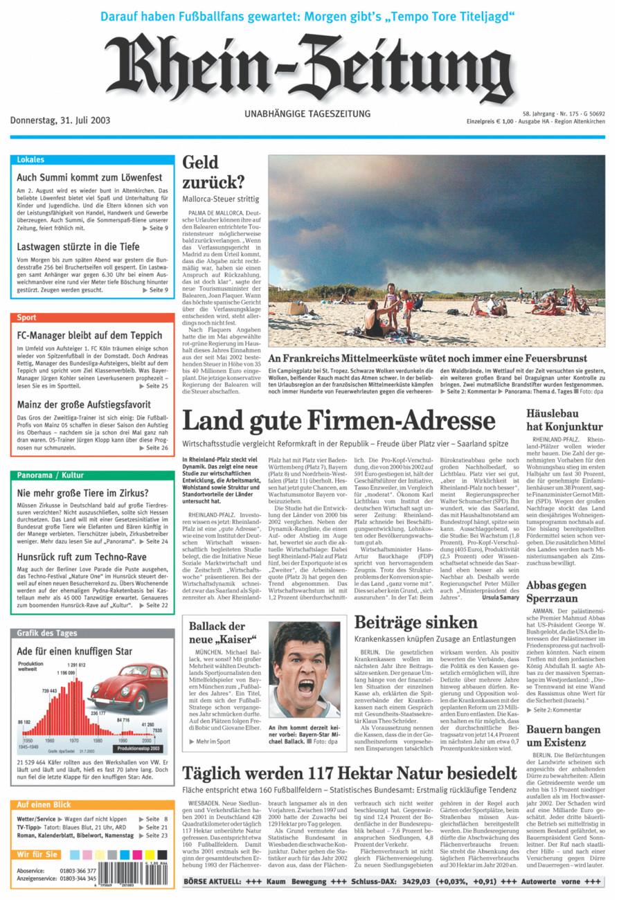 Rhein-Zeitung Kreis Altenkirchen vom Donnerstag, 31.07.2003