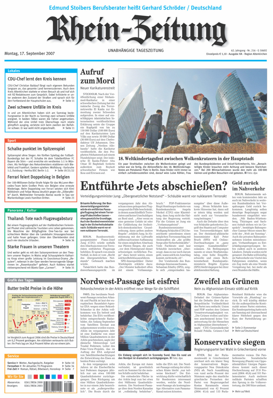 Rhein-Zeitung Kreis Altenkirchen vom Montag, 17.09.2007
