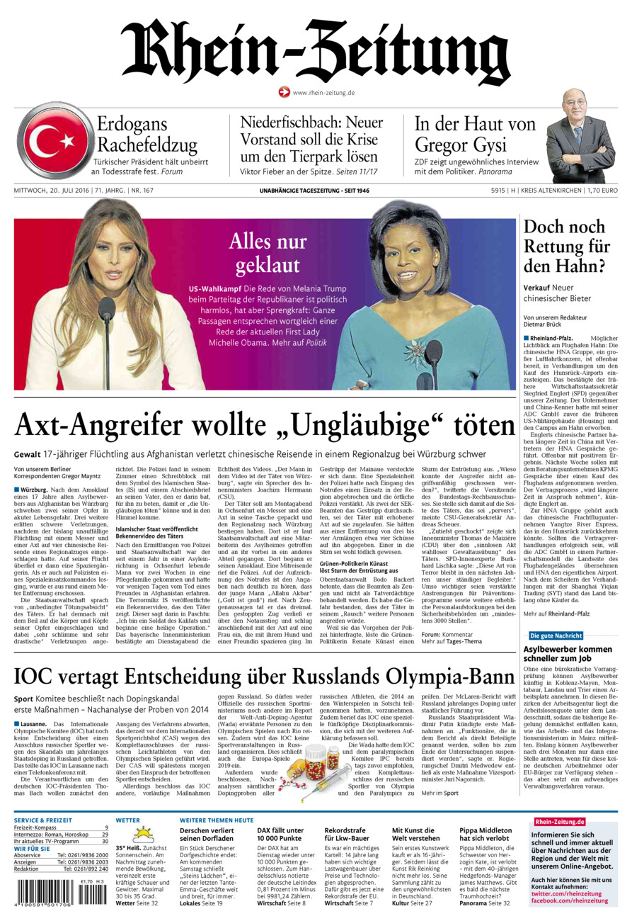 Rhein-Zeitung Kreis Altenkirchen vom Mittwoch, 20.07.2016