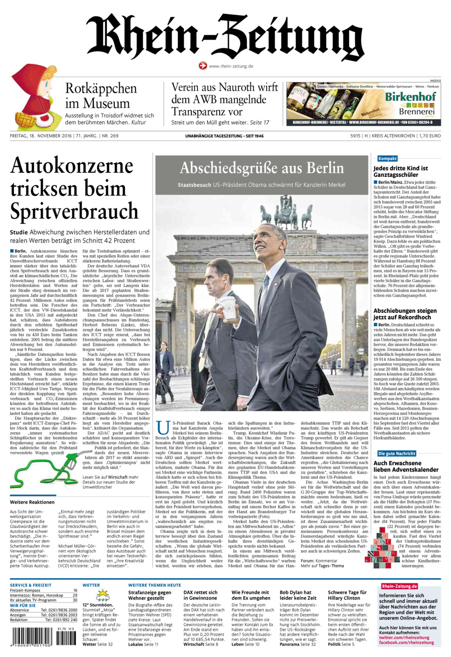 Rhein-Zeitung Kreis Altenkirchen vom Freitag, 18.11.2016
