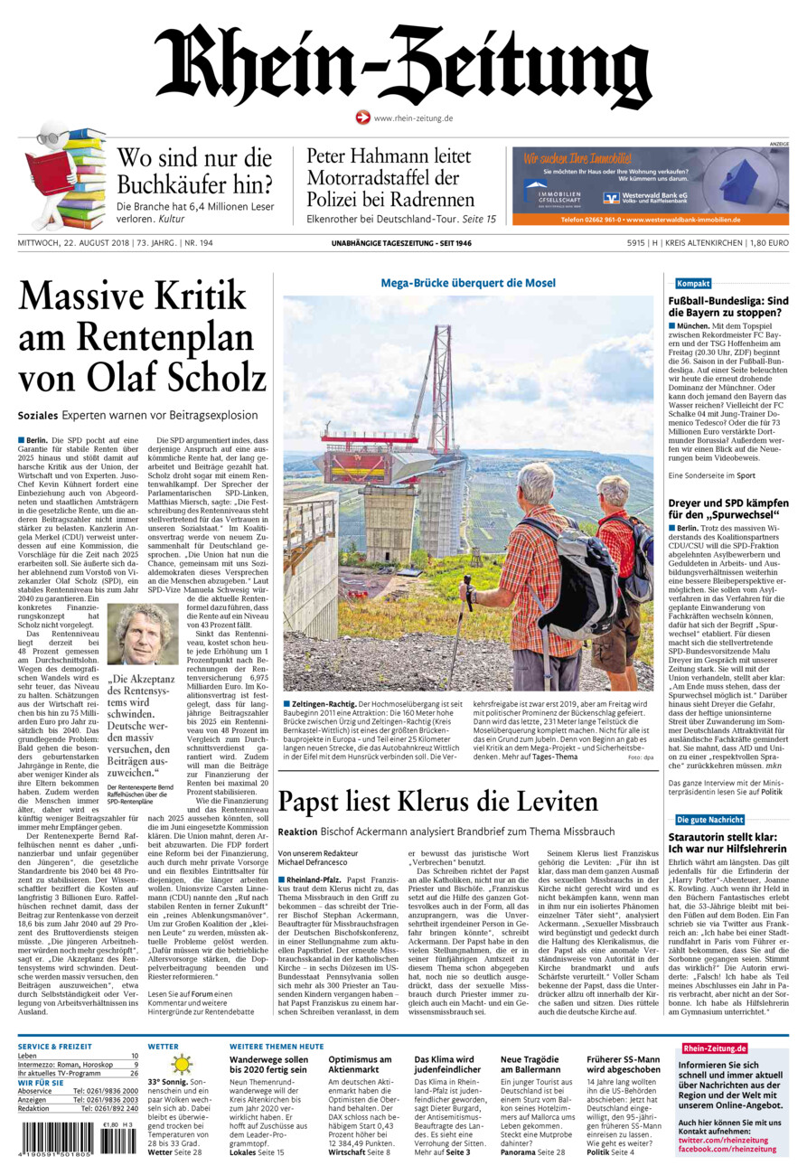 Rhein-Zeitung Kreis Altenkirchen vom Mittwoch, 22.08.2018