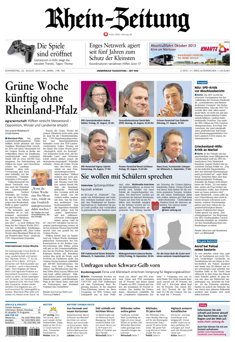Rhein-Zeitung Kreis Altenkirchen vom Donnerstag, 22.08.2013