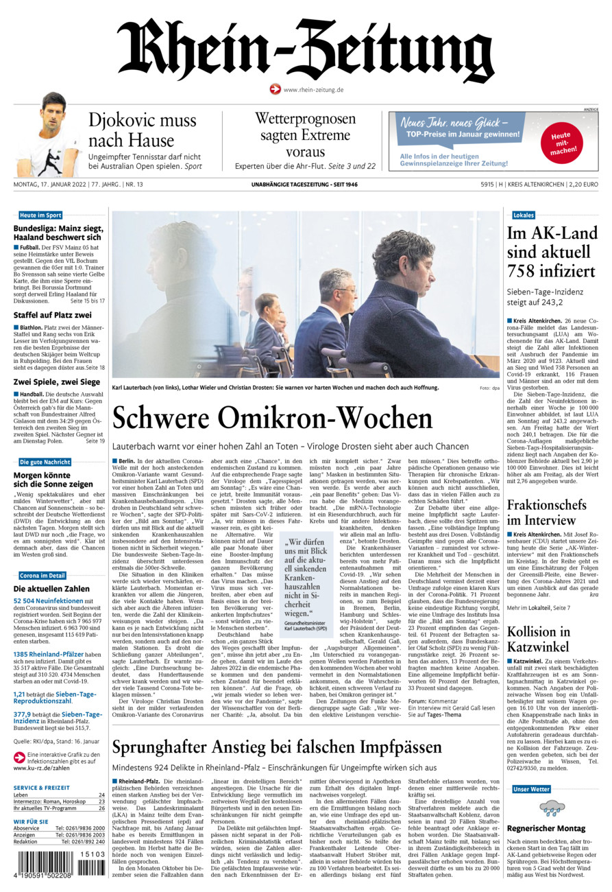 Rhein-Zeitung Kreis Altenkirchen vom Montag, 17.01.2022