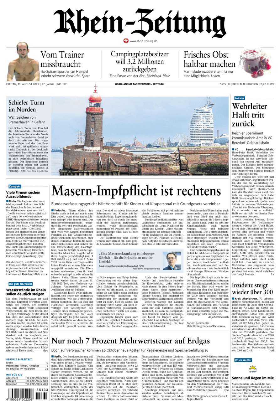 Rhein-Zeitung Kreis Altenkirchen vom Freitag, 19.08.2022