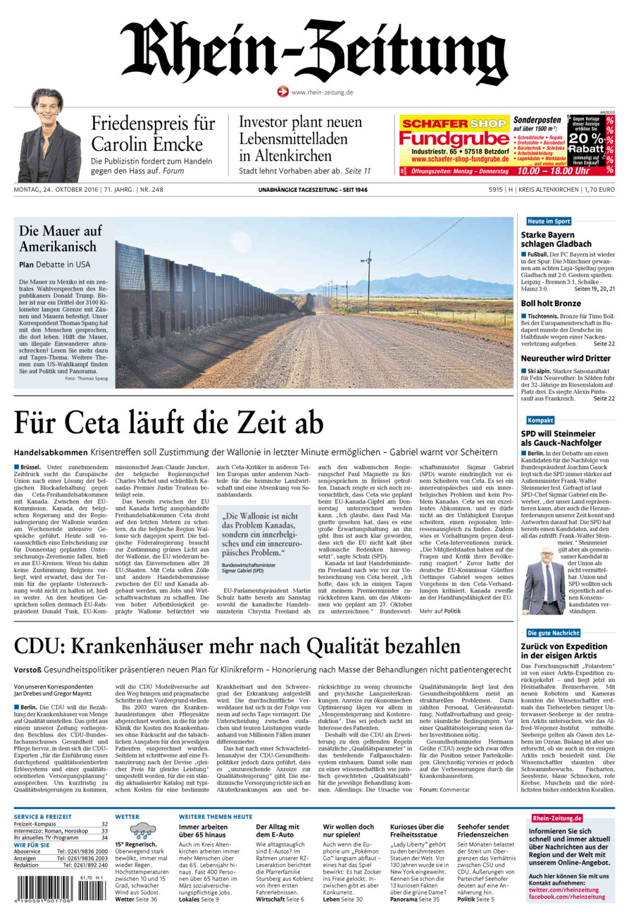 Rhein-Zeitung Kreis Altenkirchen vom Montag, 24.10.2016
